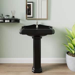 Dynasty 26 3/4 in. Tall Black Vitreous China Rectangular Pedestal Combo Bathroom Sink with Overflow and 1 Faucet Hole