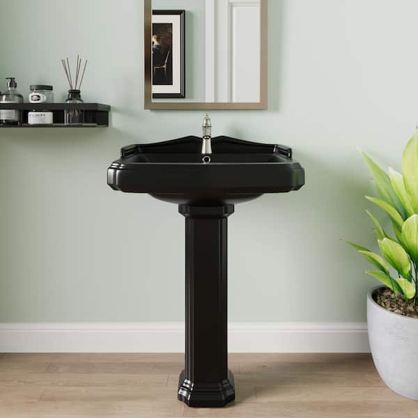 DEERVALLEY Dynasty 26 3/4 in. Tall Black Vitreous China Rectangular Pedestal Combo Bathroom Sink with Overflow and 1 Faucet Hole