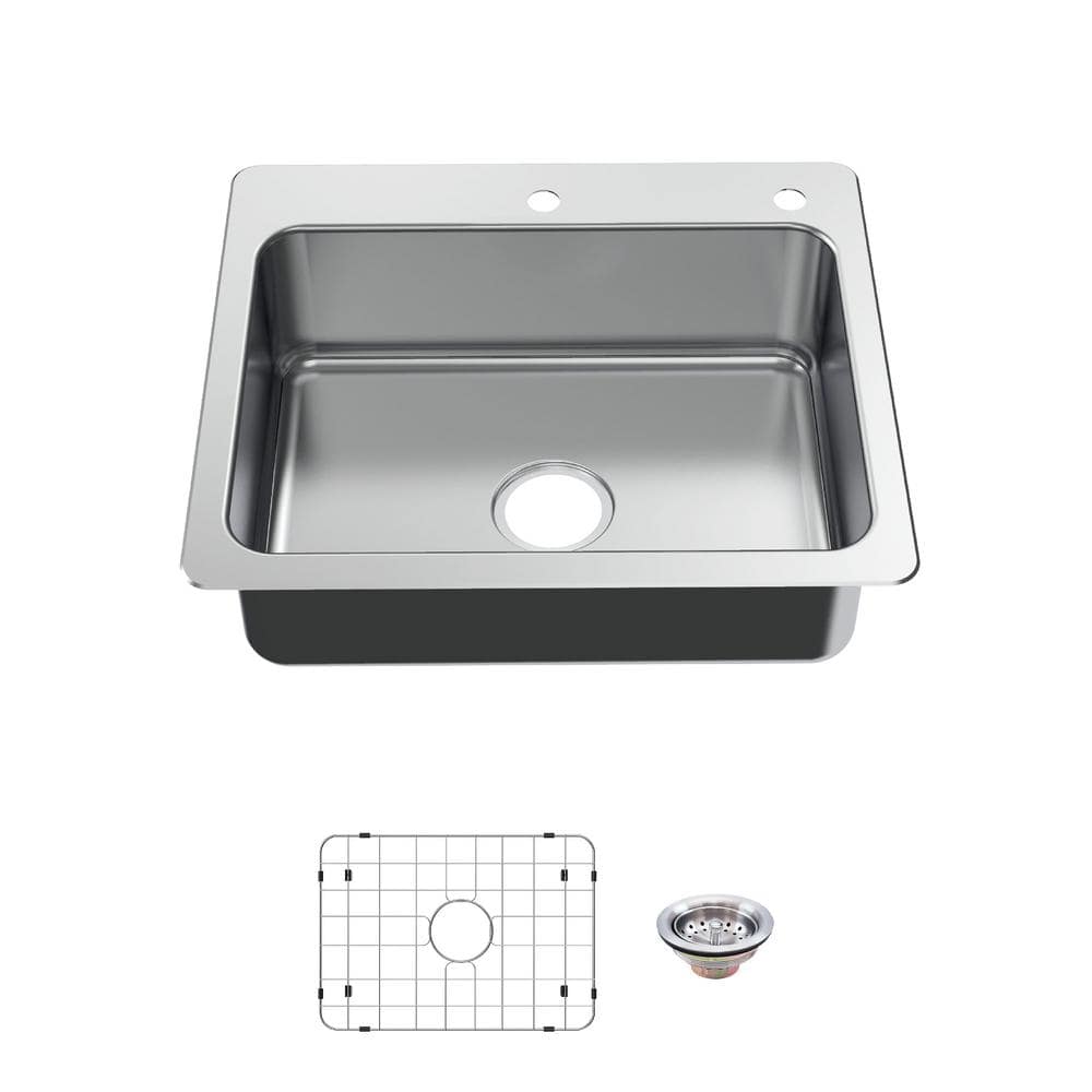 Glacier Bay Bratten Drop-In/Undermount 18G Stainless Steel 25 in. 2-Hole Single Bowl Kitchen Sink with Accessories, Silver