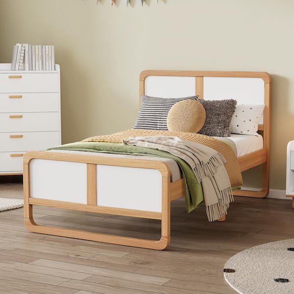 Harper & Bright Designs Modern Style White Wood Frame Twin Size Platform Bed with Natural Finish, Solid Legs