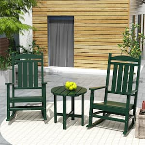 Laguna 3-Piece Classic Outdoor Patio Fade Resistant Plastic Rocking Chairs and Round  Side Table Set in Dark Green