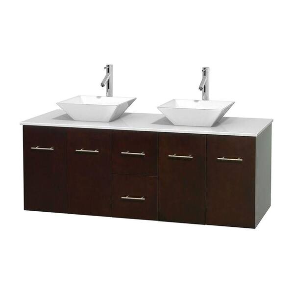 Wyndham Collection Centra 60 in. Double Vanity in Espresso with Solid-Surface Vanity Top in White and Porcelain Sinks