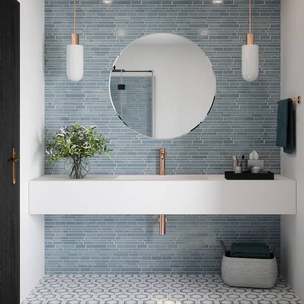 Take Home Tile Sample - Polar Orbit Blue 4.5 in. x 4.5 in. in. Interlocking Glossy Glass Mosaic
