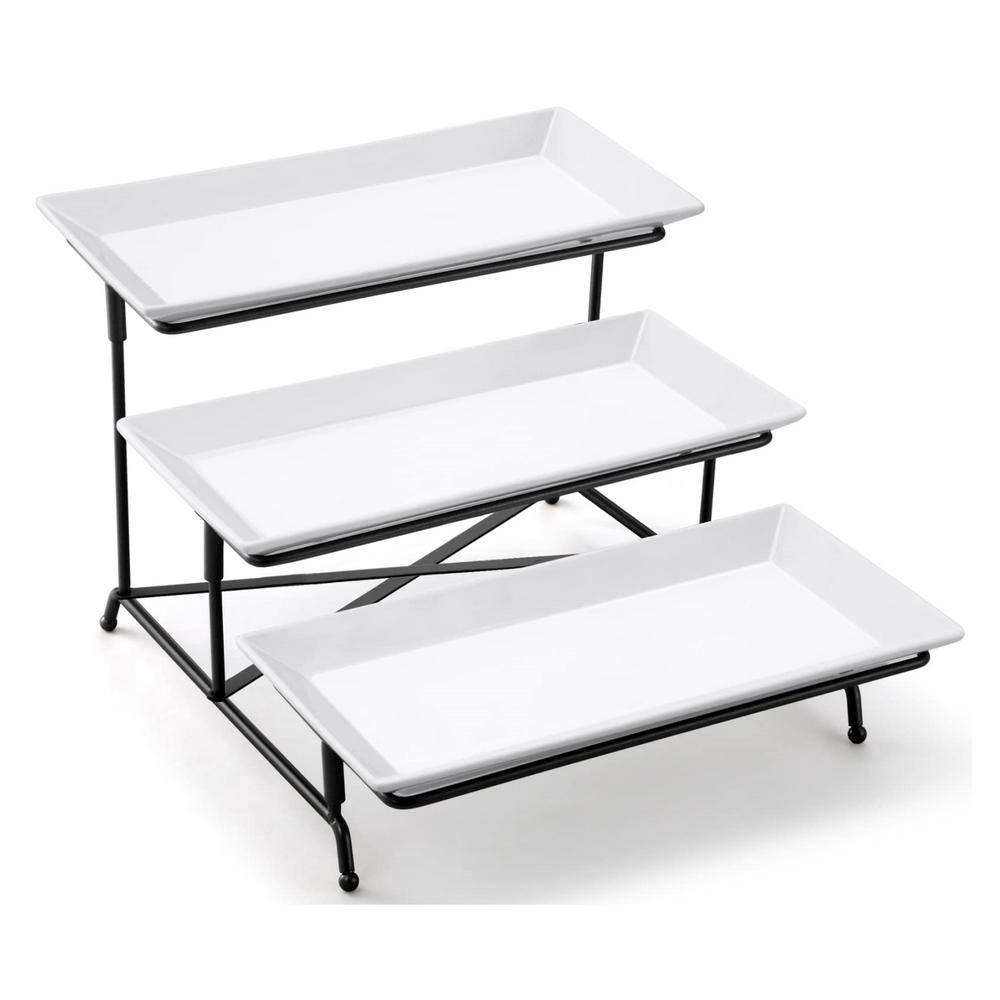 12 in. Porcelain 3-Tier Rectangular Serving Tray Set with Collapsible Sturdier Stand and Cross Bars, Black and White price history on PriceWatchPro