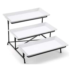 12 in. Porcelain 3-Tier Rectangular Serving Tray Set with Collapsible Sturdier Stand and Cross Bars, Black and White