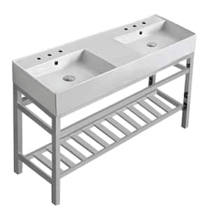 Teorema 2-Ceramic Console Double Sink Basin in White with Chrome Legs