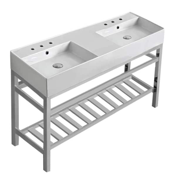 Nameeks Teorema 2-Ceramic Console Double Sink Basin in White with Chrome Legs