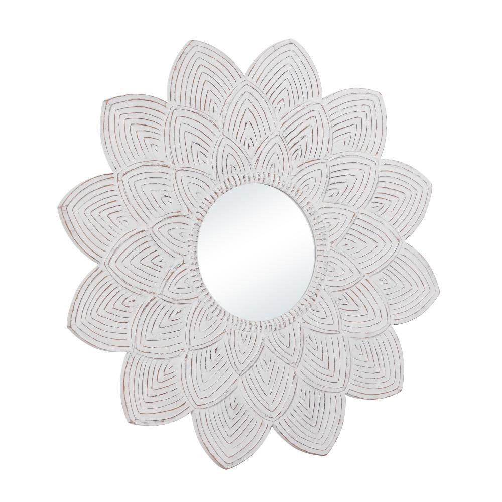 White Carved Floral Round Wood Wall Mirror