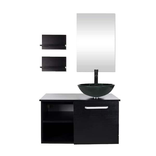 Puluomis 28 in. W x 19 in. D x 28 in. H Single Sink Bath Vanity in Black with Black Solid Top and Mirror