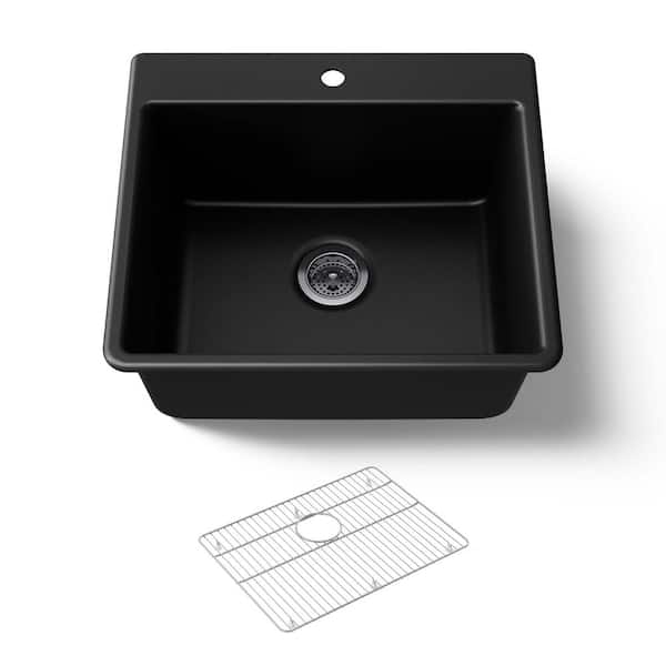 KOHLER Kennon Drop-In Neoroc Granite Composite 25 in. Single Bowl Kitchen Sink in Matte Black with Basin Rack