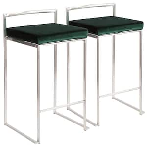 Fuji 26 in. Stainless Steel Stackable Counter Stool Stainless Steel with Green Velvet Cushion (Set of 2)