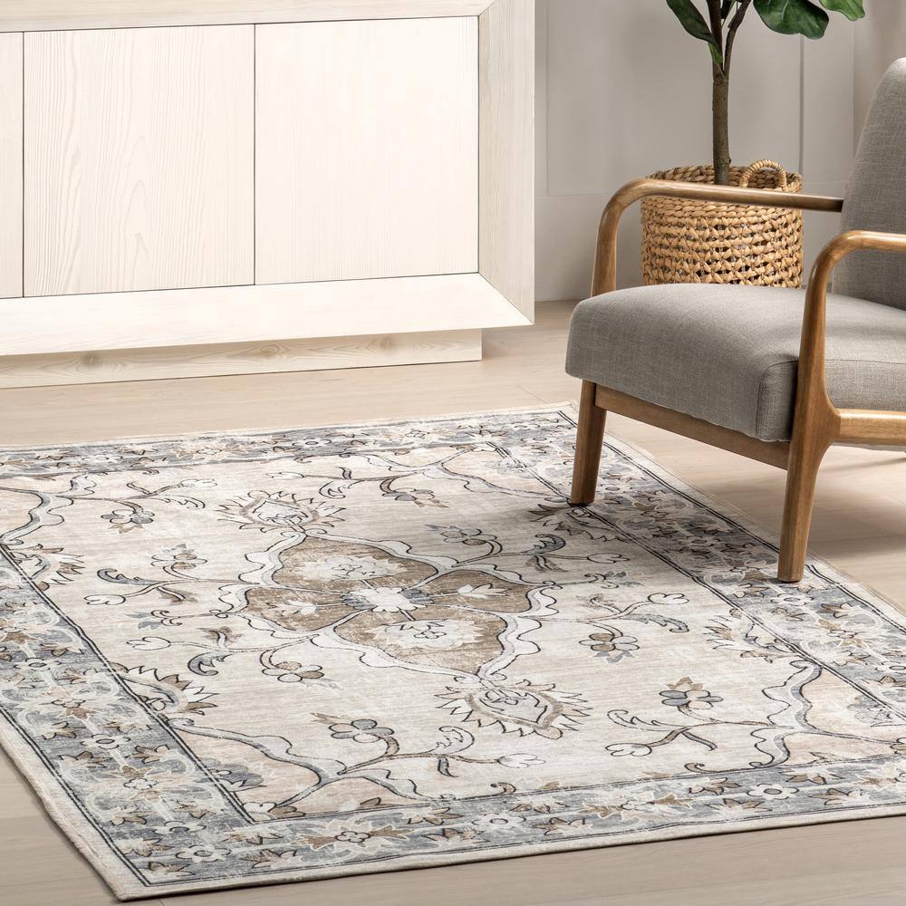 Gray Floral Cotton Synthetic Washable Round Area Rug
