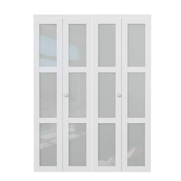 ARK DESIGN 64 in. x 80 in. 3-Lite Tempered Frosted Glass Solid Core MDF White Finished Bi-Fold Door with Hardware Kit