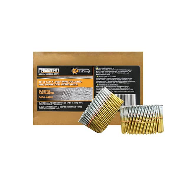 Freeman 15° 2-1/2 in. Wire Collated Electrogalvanized Ring Shank Coil Siding Nails - 3,600 Count - For Siding and Roofing