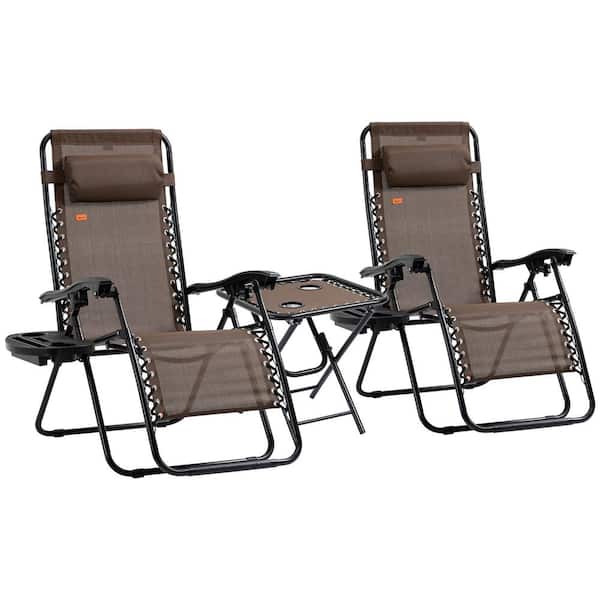 Outsunny Zero Gravity Brown Metal Chaise Lounger Chair Set, Folding Reclining Lawn Chair (3-Piece)