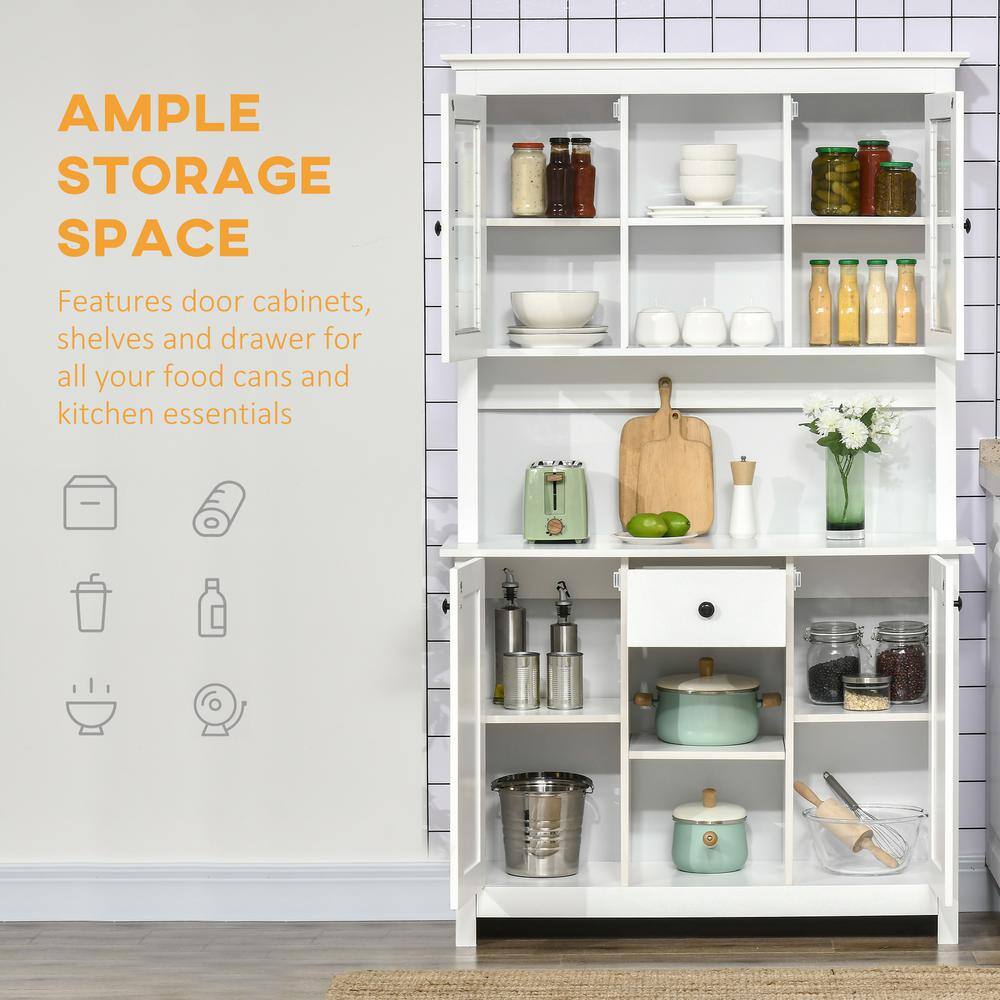 White Painted Freestanding Kitchen Buffet with Hutch and Shelves