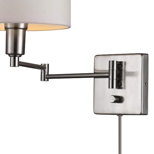 Globe Electric Anderson 1 Light Brushed Steel Plug In Or Hardwire Wall Sconce With White Fabric Shade And 6 Ft Cord 51788 The Home Depot - Home Depot Canada Plug In Wall Sconce