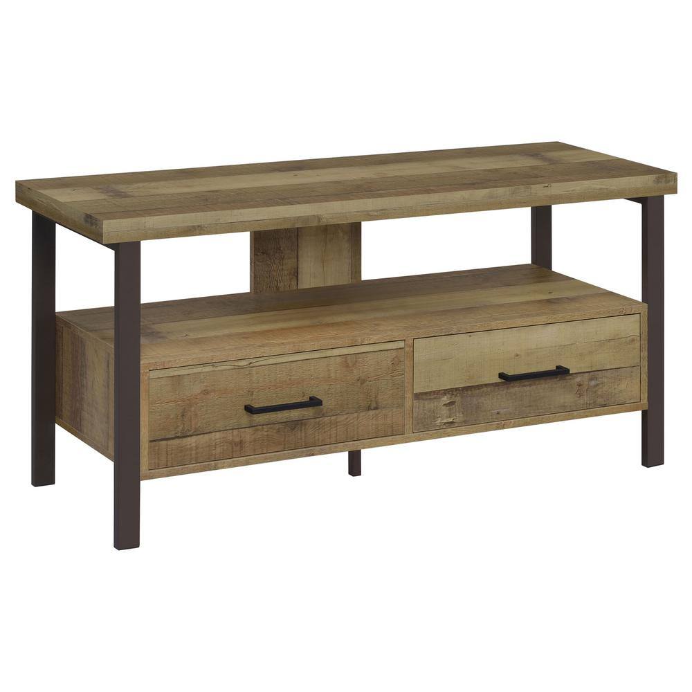 Transitional Weathered Pine TV Console with Black Legs and Storage Drawers