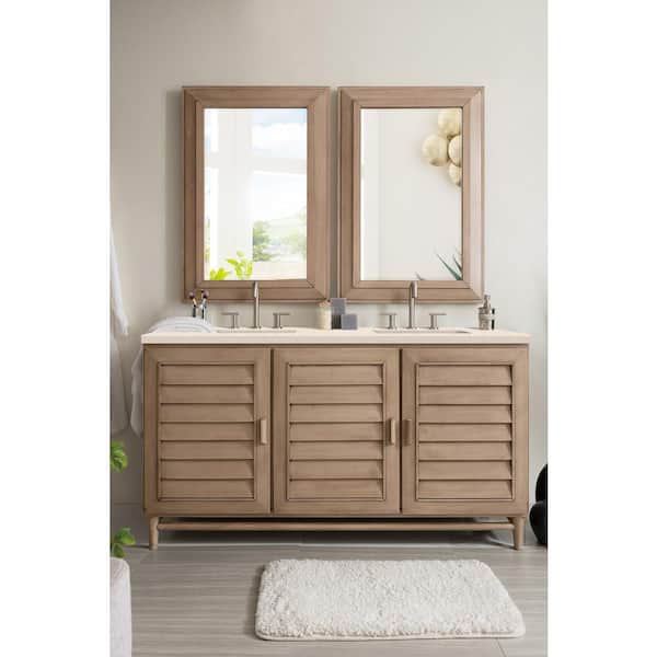 James Martin Vanities Portland 60 in. W x 23.5 in. D x 34.3 in. H Bath Vanity in Whitewashed Walnut with Eternal Marfil Quartz Top and Basin