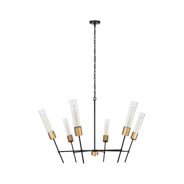 Modern 6-Light Gold Chandelier with Cylinder Clear Glass Shade, Minimalist Branch Black Chandelier Light for Dining Room