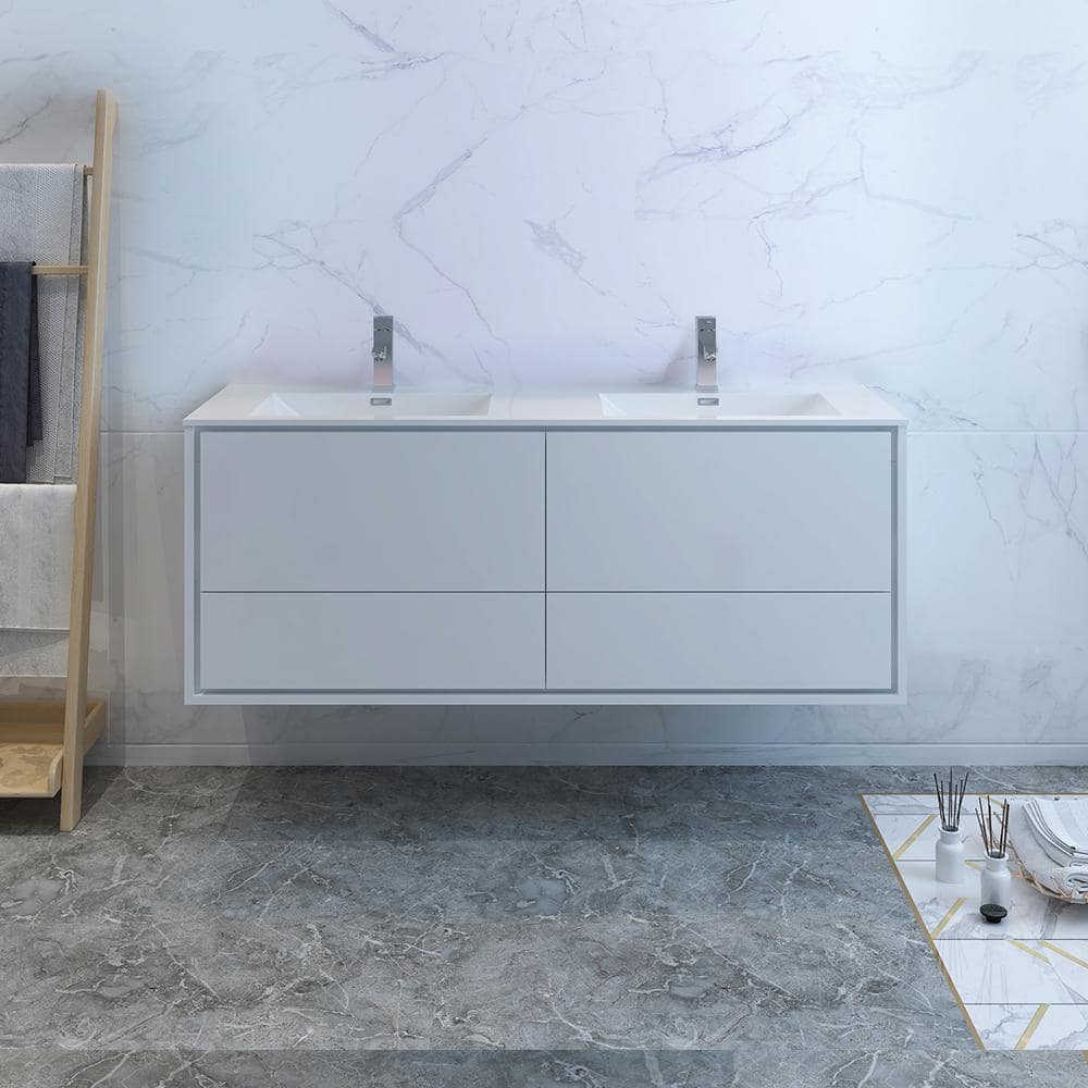Catania 60 in. Modern Double Wall Hung Bath Vanity in Glossy White, Vanity Top in White with White Basins price history on PriceWatchPro