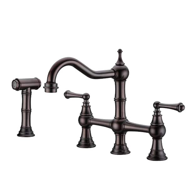 Fapully Double Handle Bridge Kitchen Faucet with in Oil Rubbed Bronze Vintage Side Sprayer, 4 Holes Kitchen Faucet