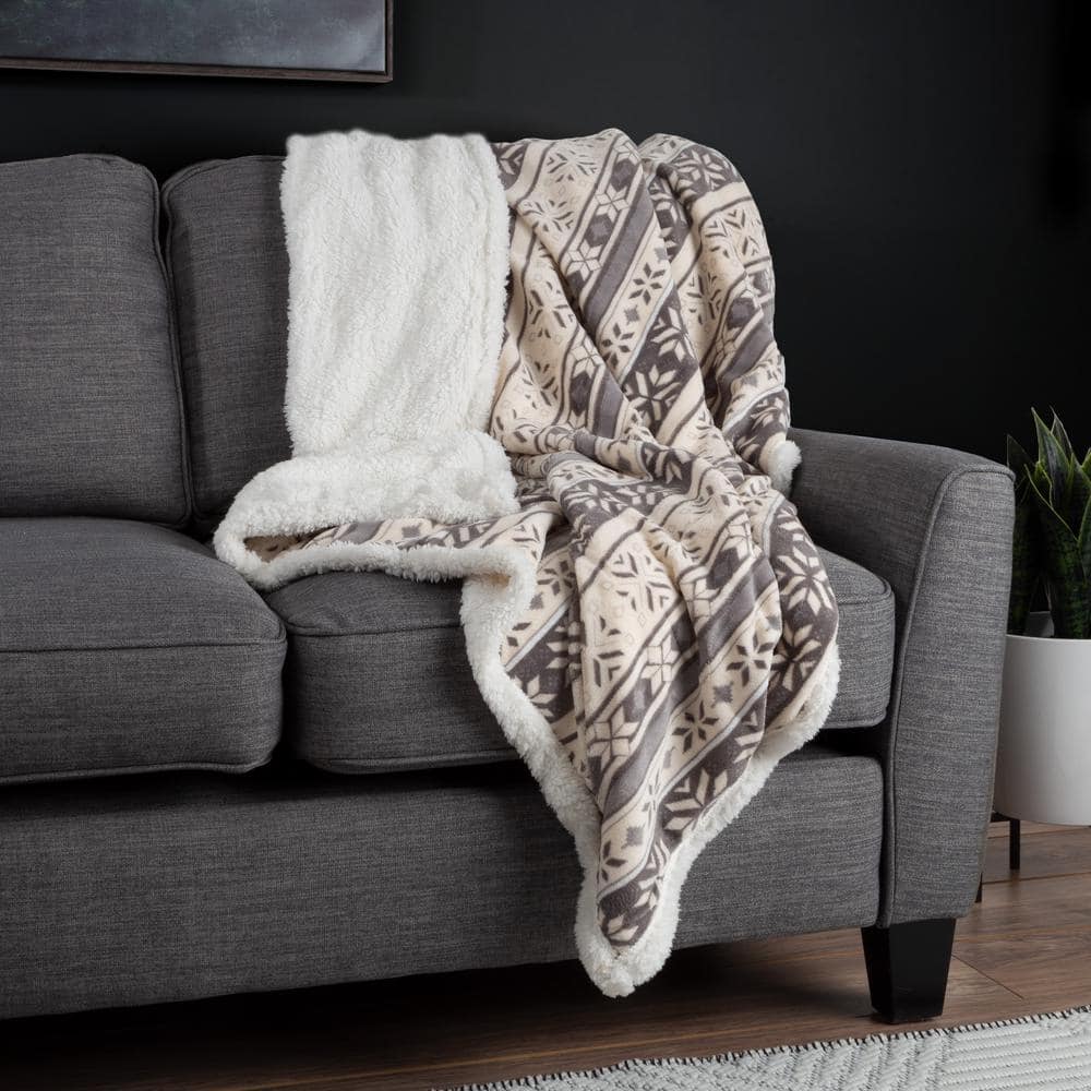 Lavish Home Gray Snowflakes Fleece Sherpa Polyester Throw Blanket