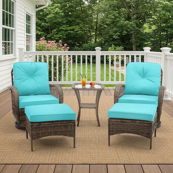 HOMMOW 5-Piece Outdoor Furniture Set, Wicker Patio Conversation Set, Swivel Rocking Chairs with Ottomans and Glass Table, Blue