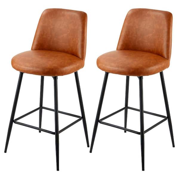 Bar Stool Set of 2, 27 in. Brown Counter Height Swivel Stools, Modern PU Leather Counter Barstool for Kitchen