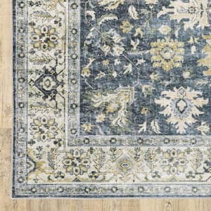 4' X 6' Blue Gold Green And Ivory Oriental Printed Stain Resistant Non Skid Area Rug