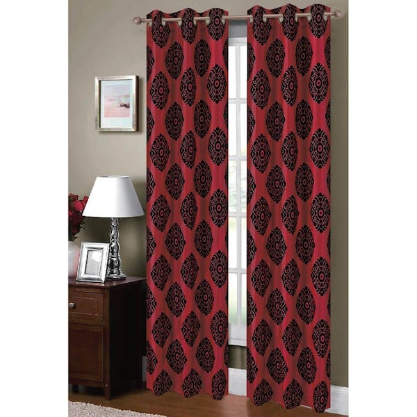 Window Elements Semi-Opaque Suzani Flocked Faux Silk 84 in. L Grommet Curtain Panel Pair, Burgundy/Black (Set of 2)
