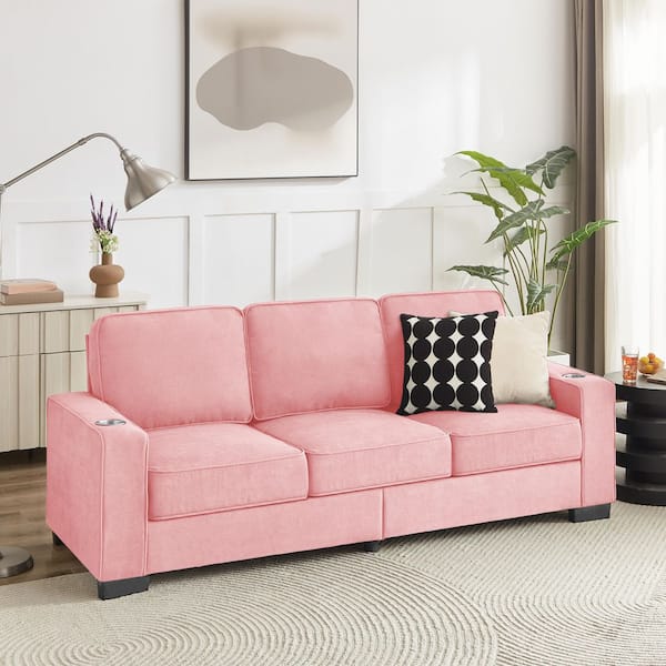 Thodore Modern 83.86 in. Square Arms Upholstered Velvet Rectangle 3-Seater Sofa in Pink with Cup Holder