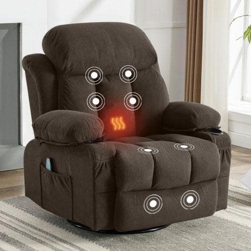 Brown Velvet Recliners Massage Heated Reclining with USB and 2-Cup Holders