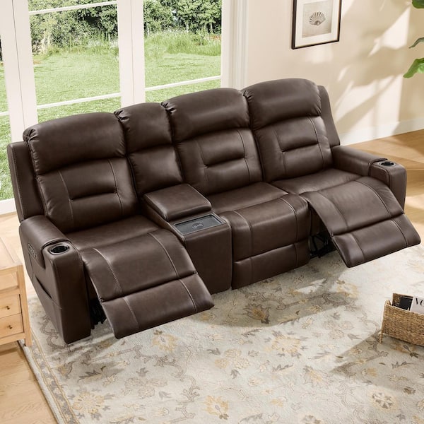 Cade 96.85 in. Rectangle Dual Motors Rolled Arm Lay Flat Leather Power Reclining Sofa in Brown with Power Headrest