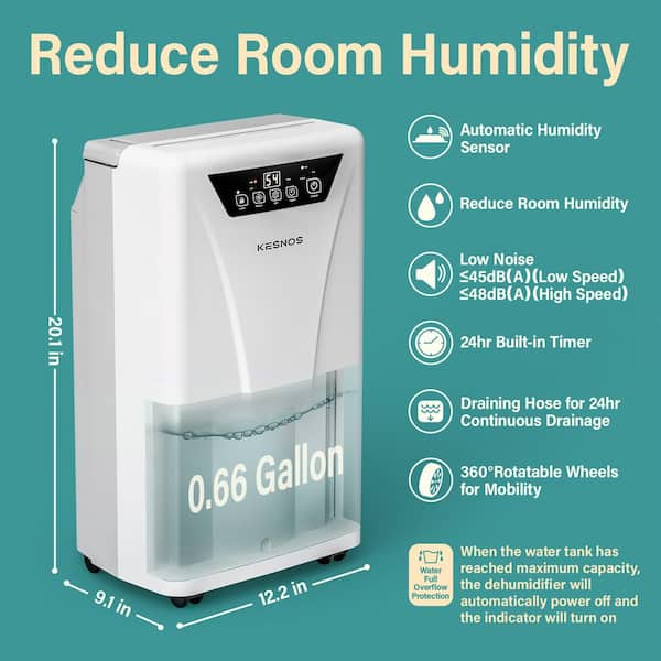 Kesnos HDCX-PD160A-1 34-Pint Capacity Home Smart Dehumidifier with Bucket and Drain for Up to 2500 Sq. ft. Indoor, White