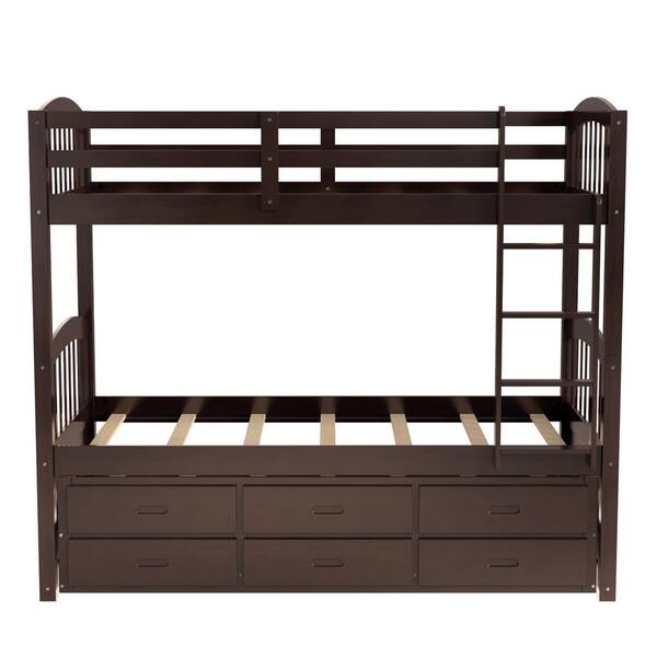 GODEER Espresso Twin over Twin Wood Bunk Bed with Trundle and