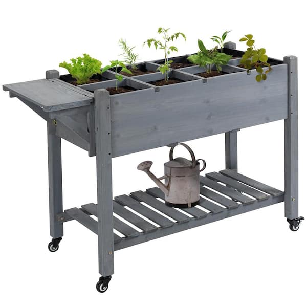 Outsunny 49" x 21" x 34" Raised Garden Bed w/8 Grow Grids, Outdoor Wood Plant Box Stand w/Folding Side Table and Wheels, Gray