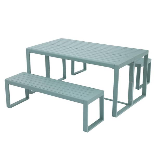 Aoodor 37 in. Green Rectangle Aluminum Patio Picnic Tables with Bench Seats 6-People