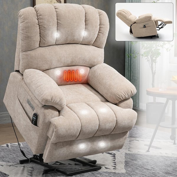 Beige Chenille Power Lift Recliner Chair with 8-Point Vibration Massage and Lumbar Heating