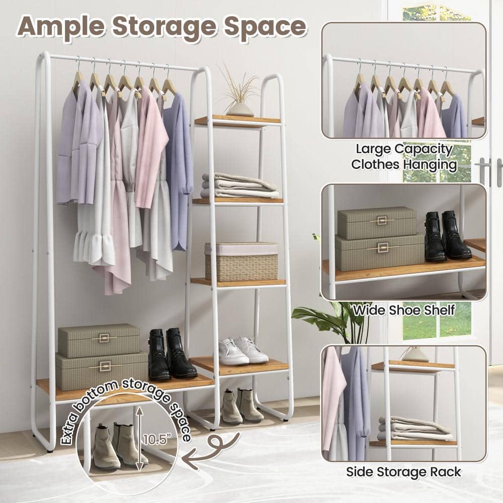 White and Natural Steel Closet Organizer with Shelves and Hanging Rod