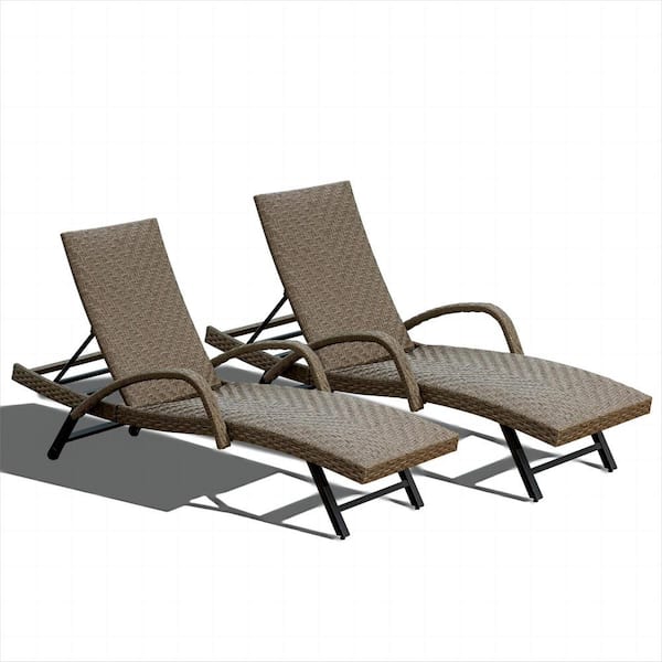Zeus & Ruta 2-Piece Brown Outdoor PE Wicker Chaise Lounge Adjustable Backrest Patio Reclining Chair Set Padded with Quick Dry Foam