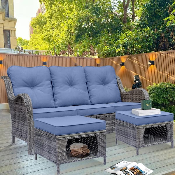 Gray 3-Piece Wicker Outdoor Patio Conversation Seating Sofa Sectional Set with Denim Blue Cushions and Ottoman