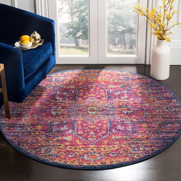 Evoke Blue/Fuchsia 5 ft. x 5 ft. Round Border Area Rug