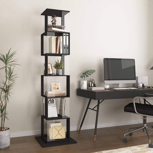 Black 74.8 in. Tall 6 Tier Rotating Floor Rack Bookcase with Acrylic Plate Bookshelf
