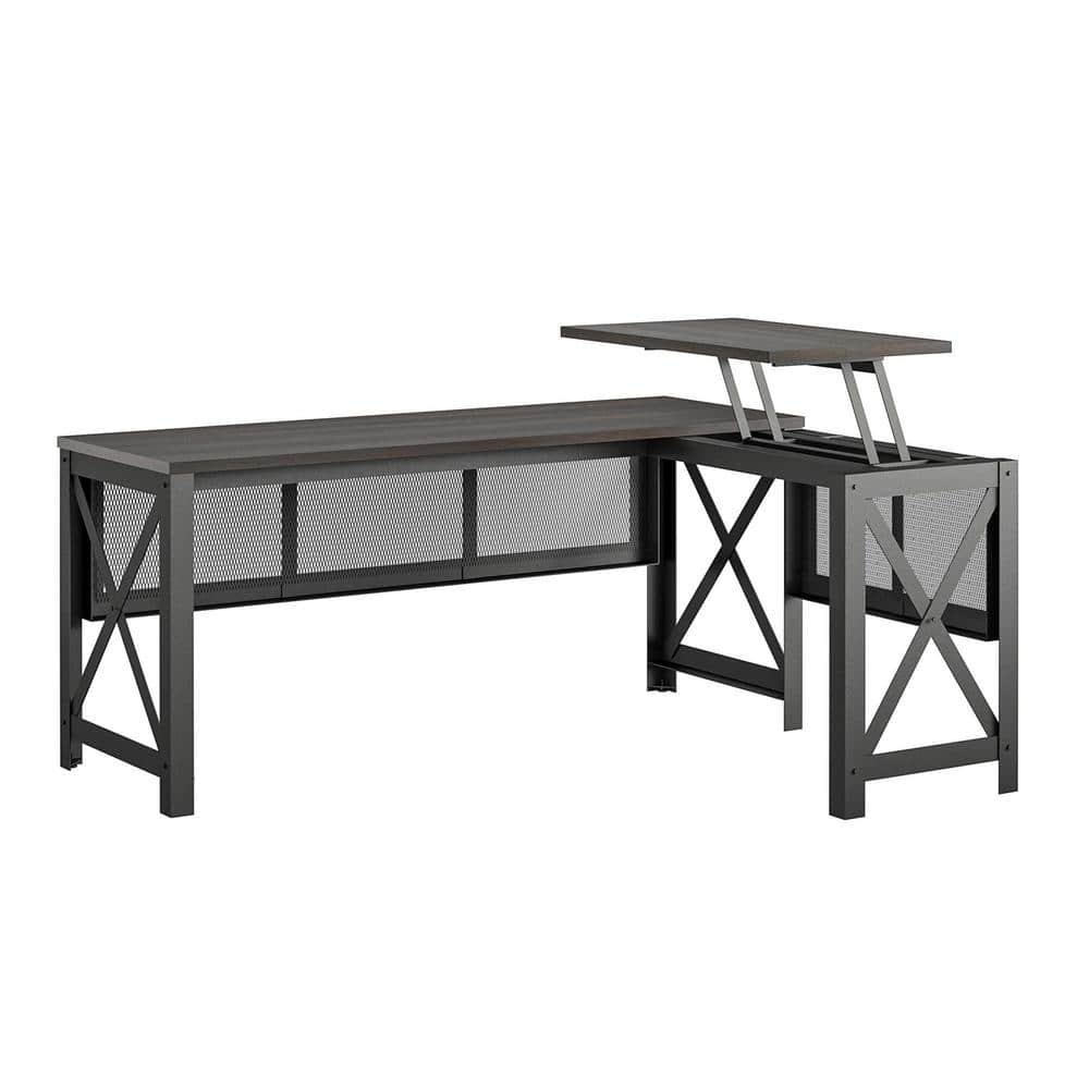 Caswell 67.2 in. Walnut L- Desk with Lift-Top