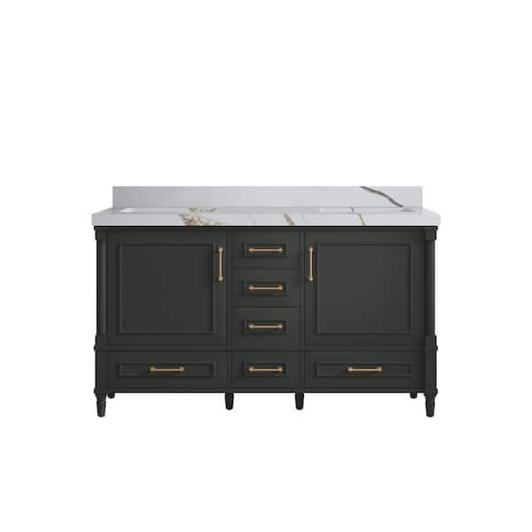 Willow Collections Hudson 60 in. Double Sink Freestanding Black Top Bath Vanity with Calacatta Gold Quartz Top Unassembled