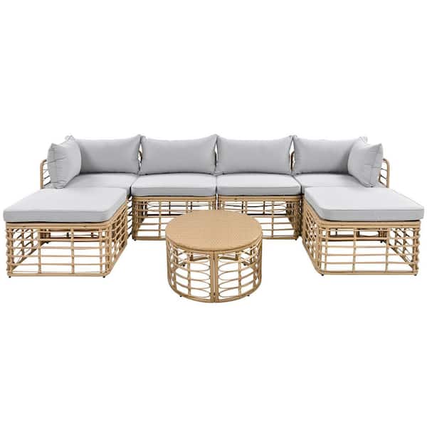 Unbranded 7-Piece Rattan Wicker Outdoor Sectional Set with Gray Thick Cushions and Pillows, Patio Freely Combined Sets for Garden