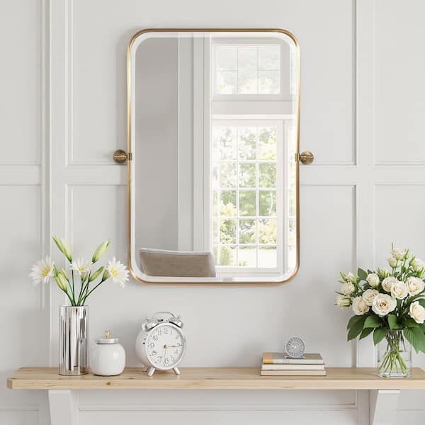 24 in W x 35 in. H Rectangle Metal Pivoted Wall Mounted Bathroom / Vanity Mirror Gold
