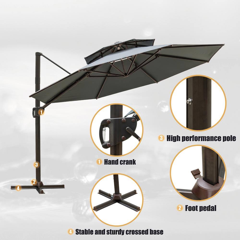 11.5 ft Gray Aluminum Cantilever Patio Umbrella with Double Top