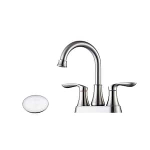Traditional 4 in. Centerset Duoble-Handle High Arc Bathroom Faucet with Drain Kit Included in Brushed Nickel